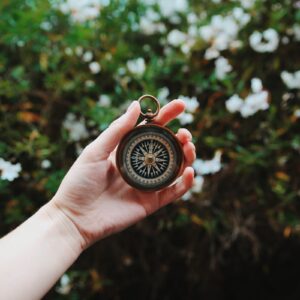 Photo of a compass in a person's hand in front of greenery
